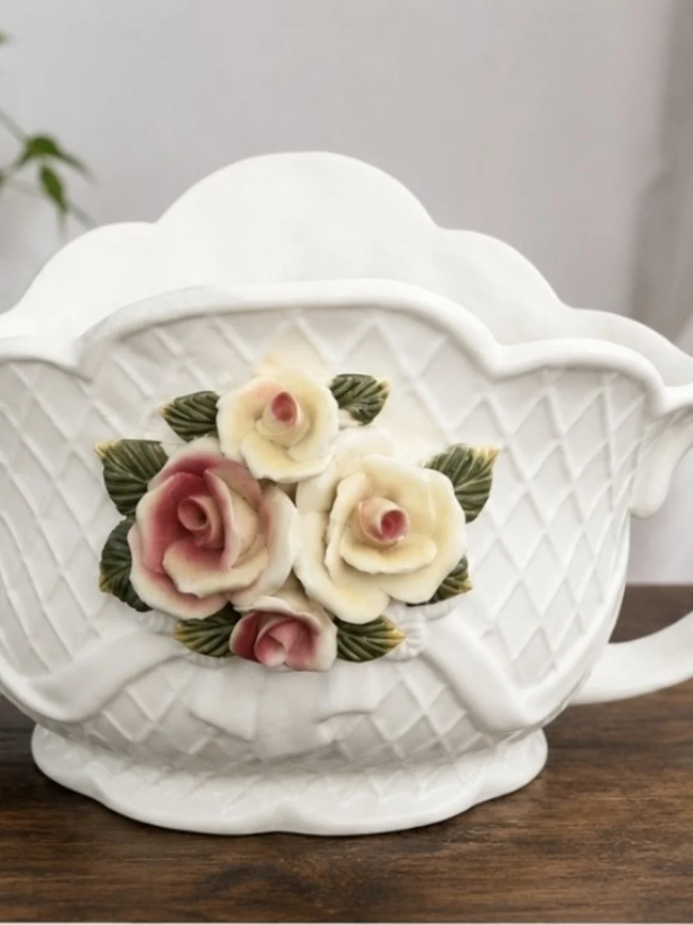 White Ceramic Decorative Planter with Pink & Cream Porcelain Roses